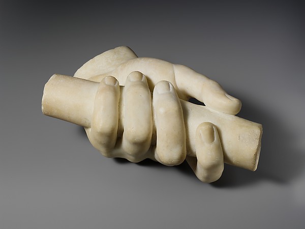 Roman marble hand holding a scroll, a surviving fragment of a larger sculpture