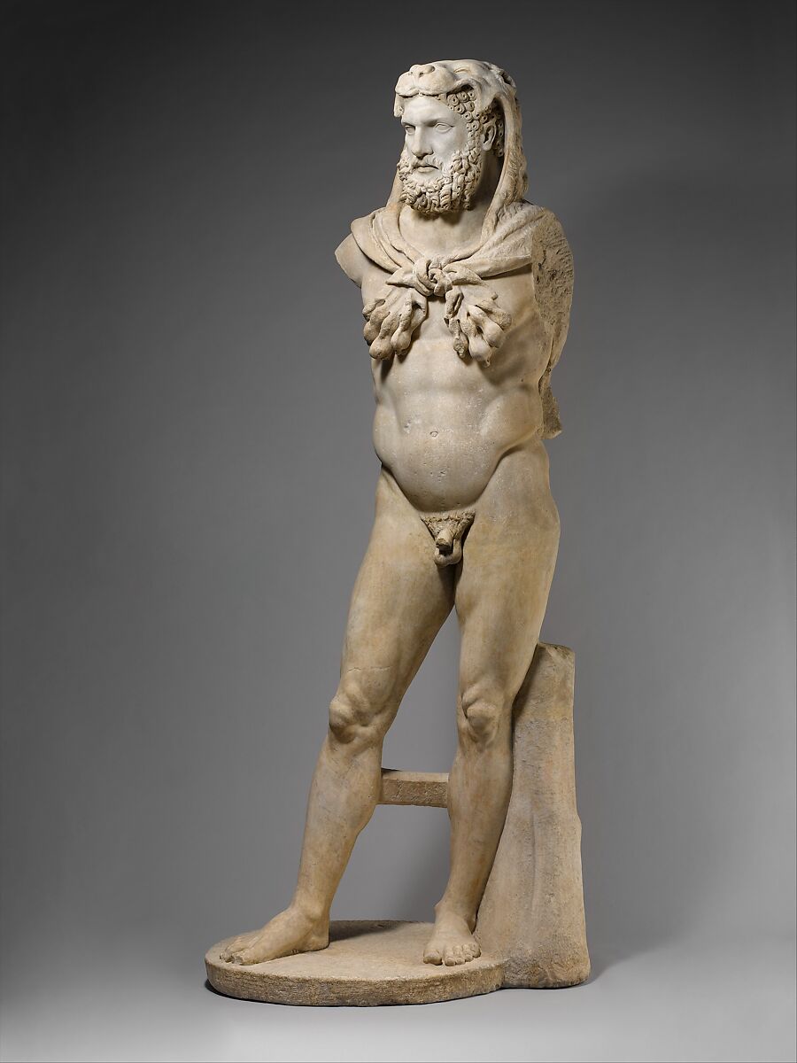 Detail of a Roman marble statue of Hercules wearing a lion skin